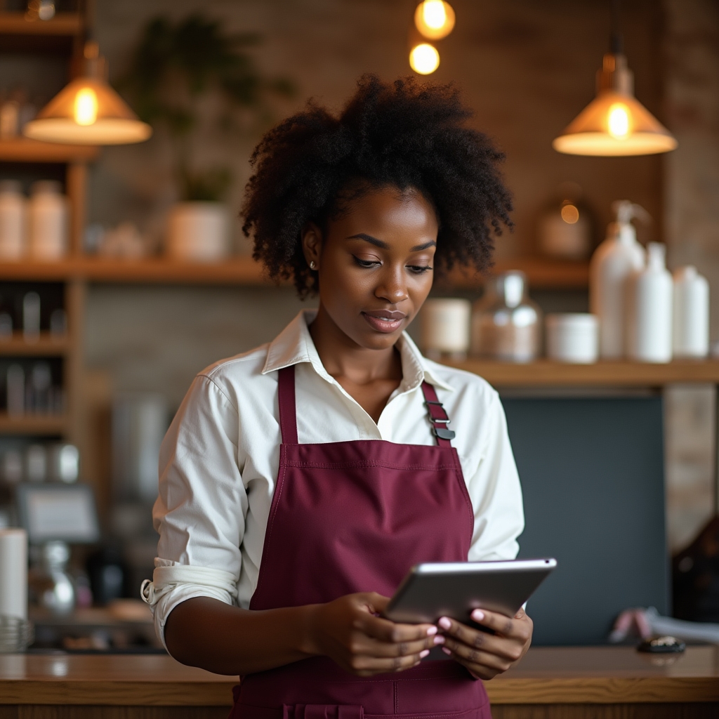 A business owner at a counter reading customer reviews on a tablet with a thoughtful expression