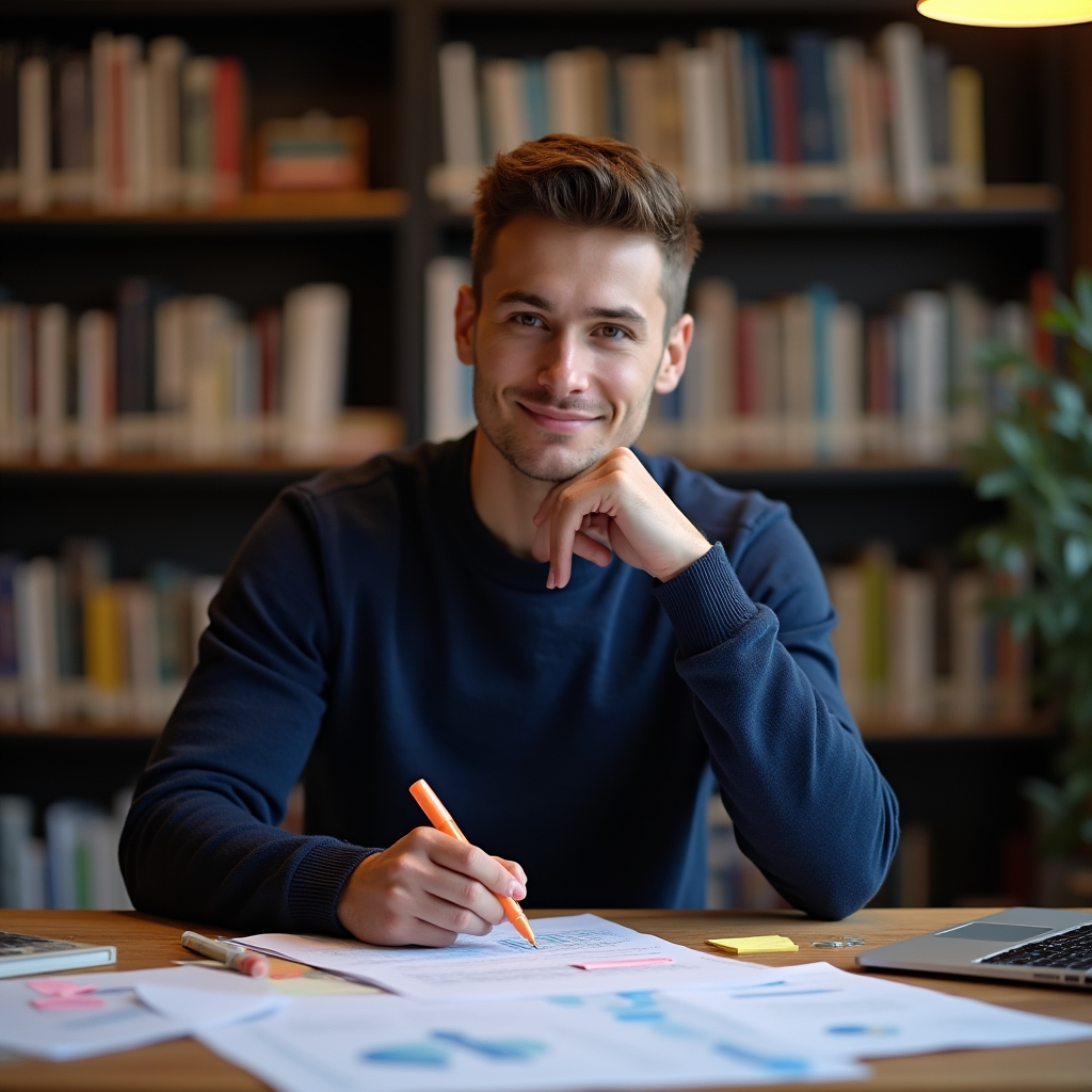 A researcher at a clean desk reviewing printed SEO guides and a laptop with analytical data